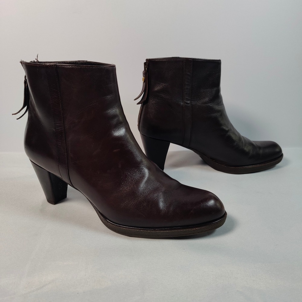 Stuart Weitzman Brown Leather Ankle Booties Renew Back Zip Heels 6.5M Western